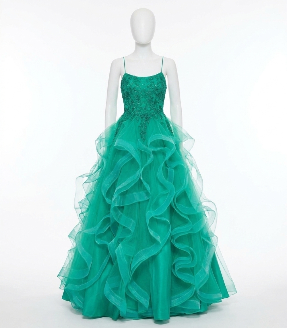 NEW RACHEL ALLAN scoop neck ruffled a-line gown in jade